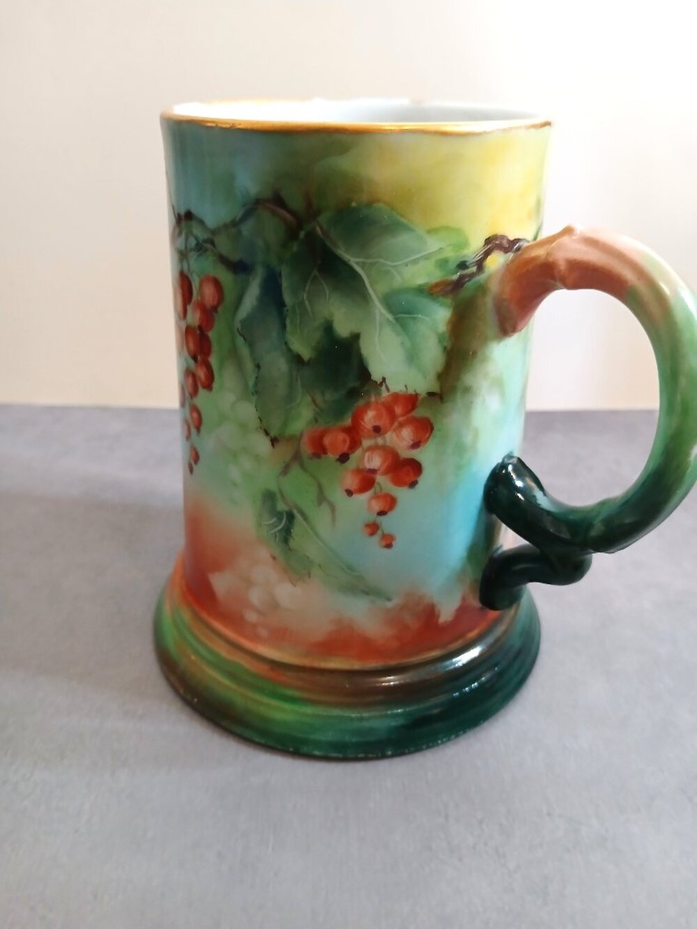 Antique Jean Pouyat Limoges Porcelain Tankard-Currents in Red with Green